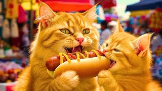 Mama Cat & Kitten Explore the Market 🍉🐾 Eating Hotdogs, Ice Cream & Fun Day Out