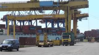 demolition of 4 container bridges in the habour of hamburg/  Sprenngung von 4 Containerbrücken
