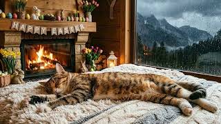 12 Hr 🐱☔🔥LIVE: Rainy Easter Fireplace with Cat /Cozy Cabin Spring Rain & Mountains View"
