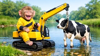 Monkey Drives Tractor to Harvest & Rescue a Dairy Cow from the Deep River! | Monkey Farm Work