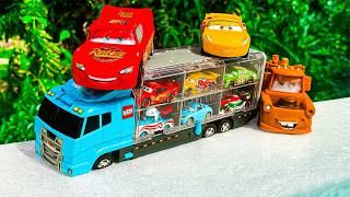 Disney Pixar Cars falling into deep pool, Lightning McQueen, Tow Mater, Mack, Sally, Francesco