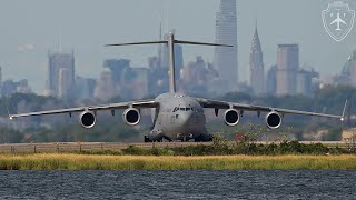 4K | US Air Force C-17 Globemaster III Powerful Takeoff from JFK Runway 04L | NYC Skyline Backdrop