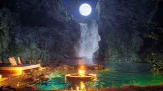 Soothing Nighttime Waterfall & Fireplace Ambience with Crickets - 8 Hours of Nature's Lullaby 4K