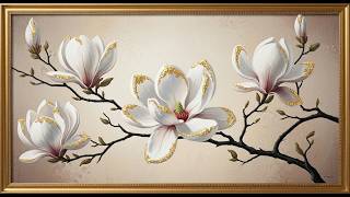 Elegant Botanical Blossom with Gold Foil | 4K Digital Canvas | Minimalist Flower Art