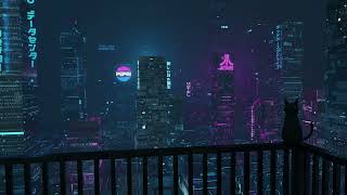 Cyberpunk: cat over looking at night city 4k