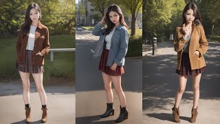 4K AI LookBook Beauty Girl Fashion in orduroy jacket with a plaid skirt | 뷰티 걸 패션