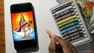 Maa Saraswati drawing - Saraswati Puja drawing - oil pastel drawing of maa Saraswati