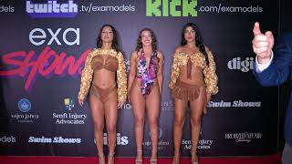 Models Ines, Jesenia Echeverria and Barbara pose at Exa Shows Art Basel Miami wearing Capristan