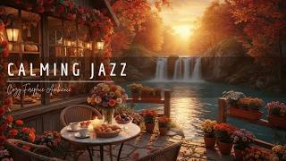 Cozy Autumn Coffee Shop Jazz ☕ Fireplace Glow & Waterfall Sunset Ambience for Study and Relaxation