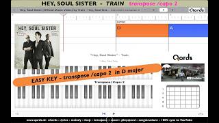 HEY, SOUL SISTER - TRAIN [easy key] in D transpose /capo 2. CHORDS TABS LYRICS PLAYALONG #qords_app