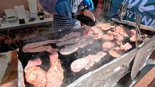 Steaks, Mussels, Seafood, Bacon and Argentinian Beef at London Saturday Market in Chelsea