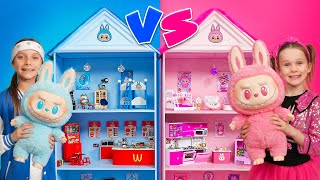 Pink vs Blue DIY Dollhouse Challenge for Labubu Toys with Stephi and Eva