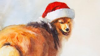 Watercolor Animal Painting - A Dog is Ready for Christmas