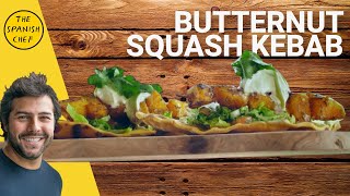Butternut squash kebab with the quickest spicy flat breads (Napoleon Grill)