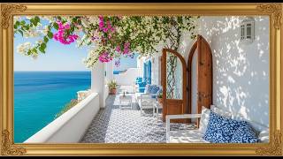 Greek Island Balcony View: Ocean & Bougainvillea | 4K Digital Canvas | Coastal Chic Art