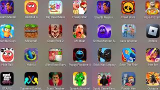 Roblox,Sprunki Survival,Stumble Guys,Poppy Playtime 5,Save The Fish,Squid Game Family,Death Park 2..