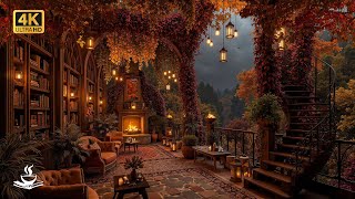 Autumn Library Jazz 🍂 Warm Fireplace Ambience with Candlelight Glow and Falling Leaves Serenity