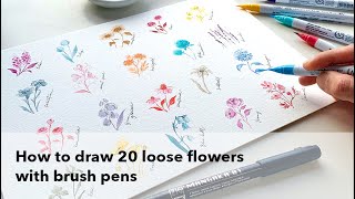 How to draw | 20 Loose Monochromatic Flowers | Simple watercolor doodles with brush pens