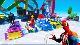 الأبطال الخارقين على القضبان دوامة قمع جس ep.2 SPIDER-MAN on Motorcycle in Spiral Bridge Stunt Ride
