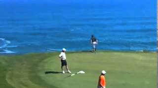 Crazy golfer jumps off cliff
