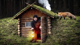 Building a Bushcraft Shelter with a Fireplace | Survival Log Cabin | Solo Camping | Dugout