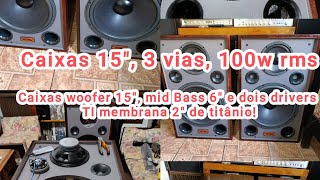 Caixas 15", mid 8" e 2 drivers TI membrana 2". Aferição d SPL e curvas d resposta, fase e impedância
