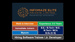 Mysore Jobs | Infomaze Elite | Software Trainee/Jr. Developer | BE/B.Tech/ME/M.Tech/MCA/B.Sc (CS) |