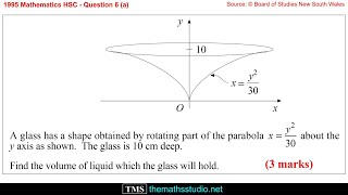 1995 Maths 2u HSC Q6a Find volume of solid of revolution of curve x=y²/30 about y-axis for 0≤y≤10
